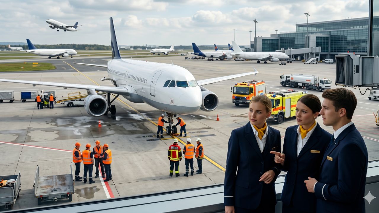 A highly dramatic scene capturing the massive Lufthansa Airbus A320 nose gear collapse at Frankfurt Airport, specifically focusing on the terrifying emergency response and global airport disruptions