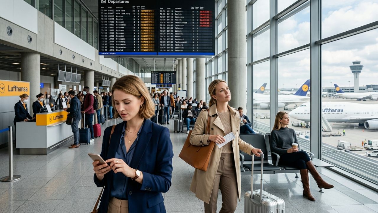 A highly dramatic scene capturing massive passenger frustration as Frankfurt International Airport is paralyzed by 183 flight delays and terrifying flight cancellations, sparking severe terminal bottlenecks and regional travel chaos