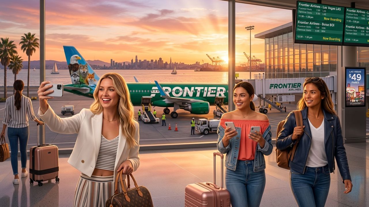 A Frontier Airlines aircraft accelerating down the runway at Oakland San Francisco Bay Airport, bypassing the massive travel chaos of nearby mega-hubs.