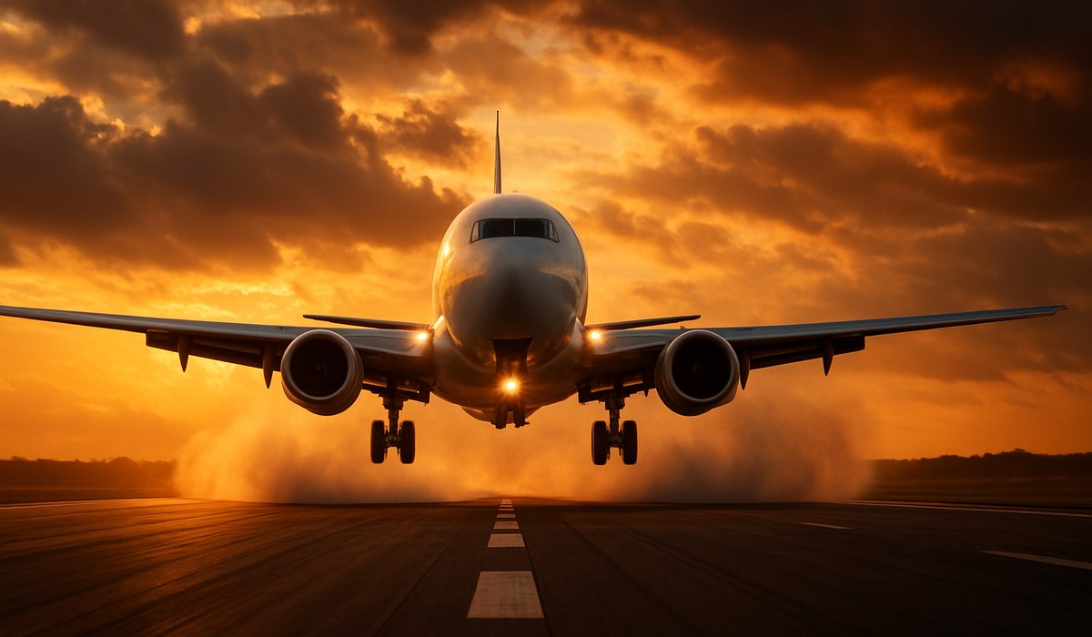 Commercial aircraft taking off at sunset, demonstrating reduced thrust takeoff procedures in 2026