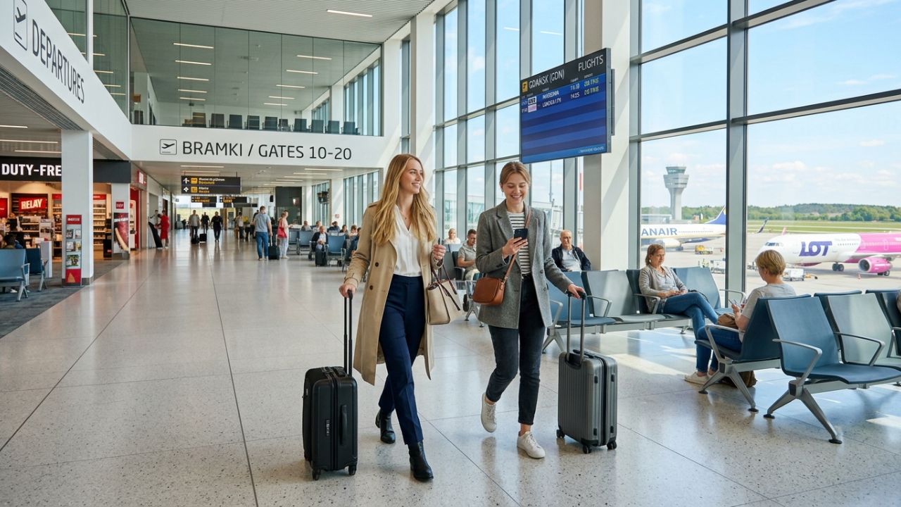 A highly efficient, modernized passenger terminal at Gdansk Airport, completely free of crowds and travel chaos.