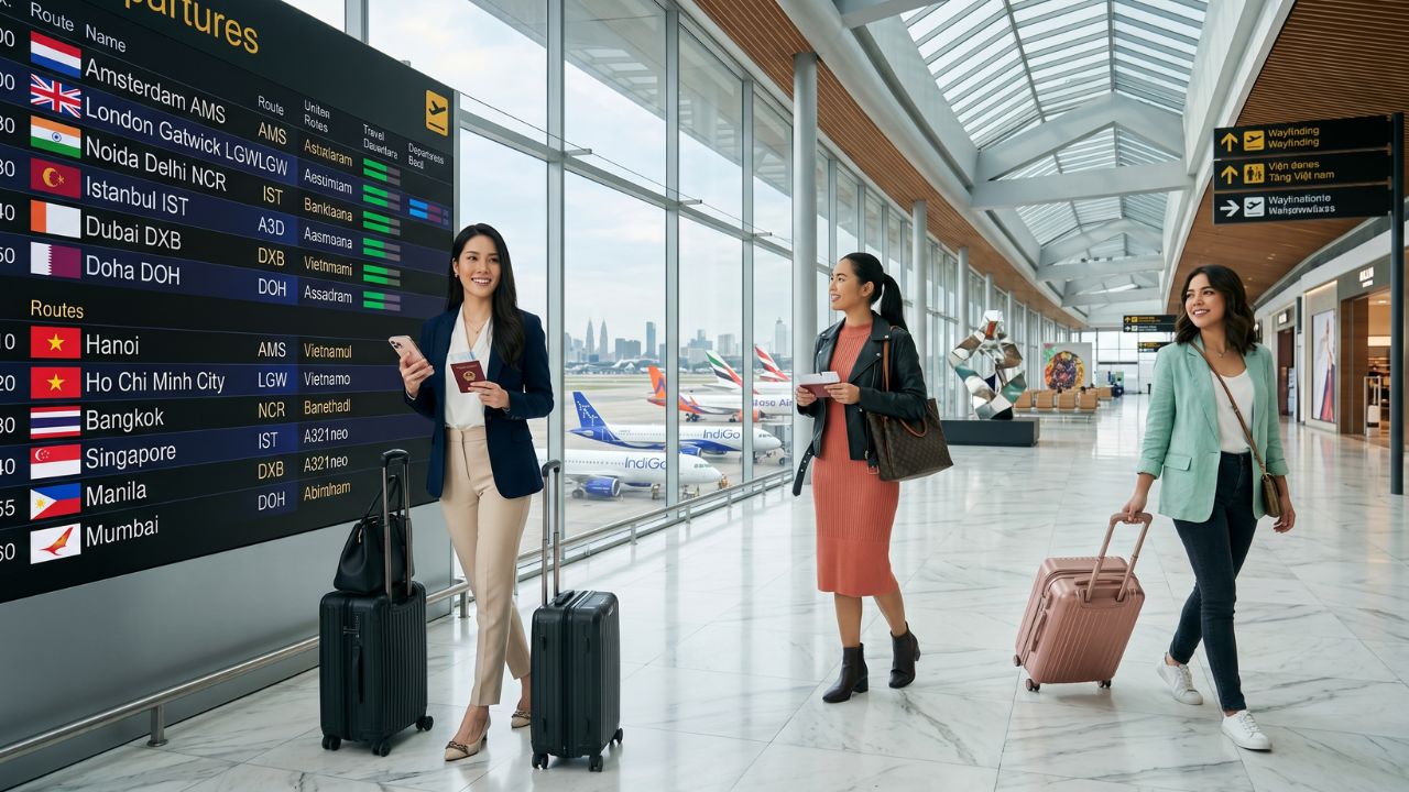 A highly advanced Akasa Air jet at the newly established Noida International Airport, bypassing the severe travel chaos and flight cancellations affecting older legacy transit hubs in India