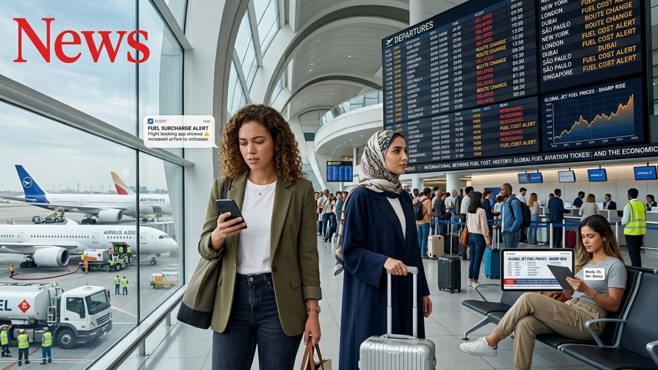 A highly dramatic scene capturing global aviation authorities aggressively battling severe international travel chaos and massive airline bankruptcies triggered by an extreme geopolitical fuel crisis