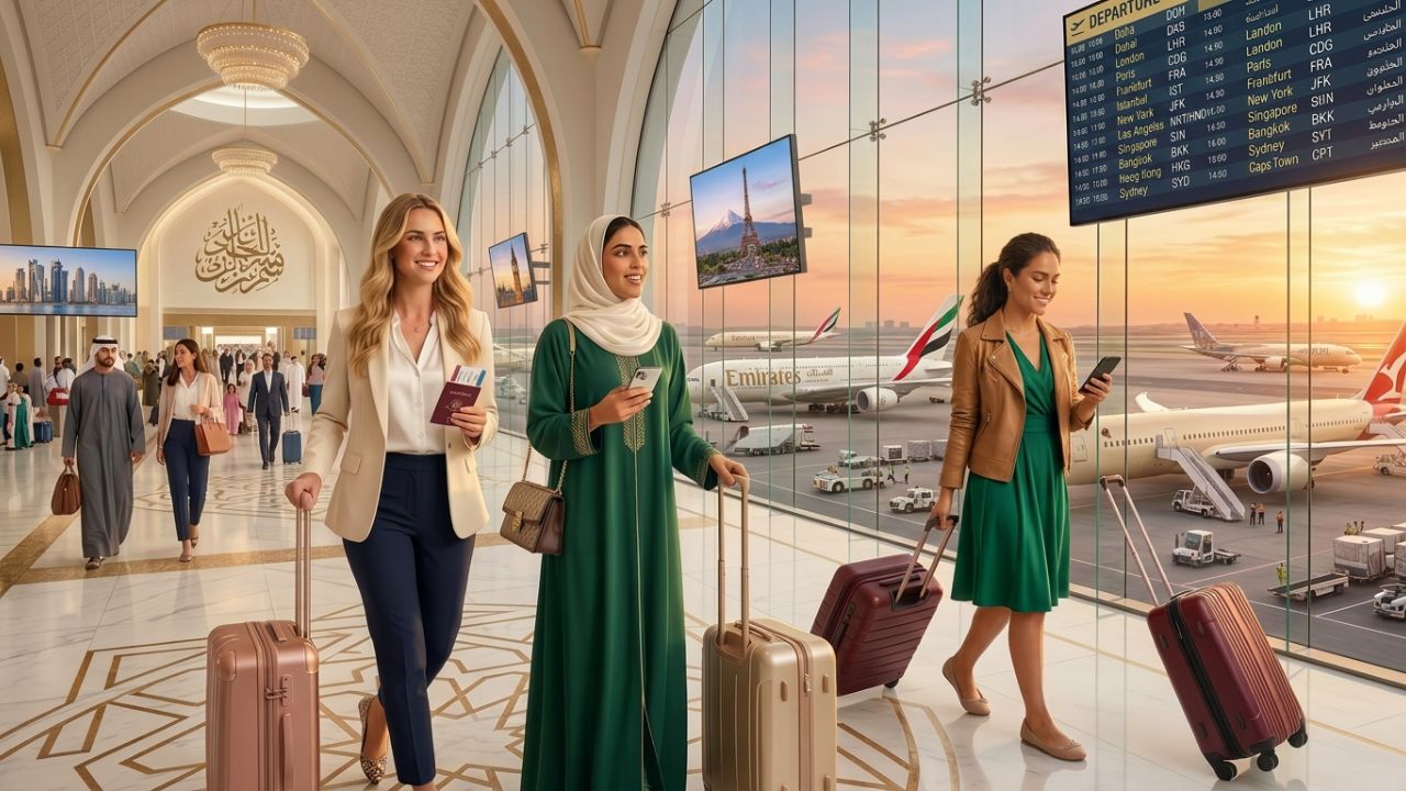 A highly coordinated global transit hub featuring Qatar Airways, Emirates, and Delta Air Lines aircraft, visually demonstrating the massive network expansion designed to eradicate global travel chaos