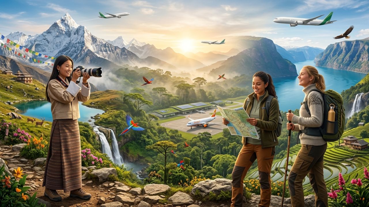A highly dramatic scene capturing a Drukair aircraft bypassing heavily congested urban airport hubs, flying directly toward pristine Himalayan mountains to escape global travel chaos