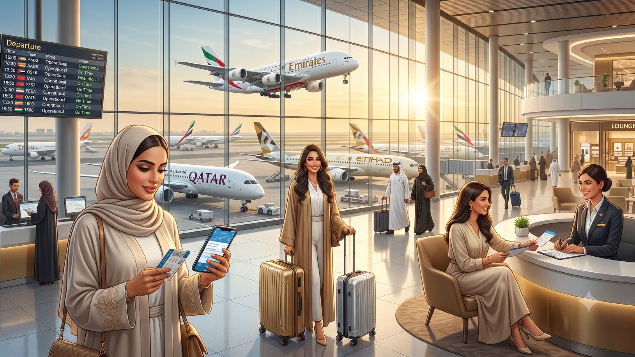 A highly dramatic scene capturing massive passenger anxiety and severe travel chaos as major global airlines aggressively deploy massive safety shields and rerouting strategies to bypass restricted Middle Eastern airspace