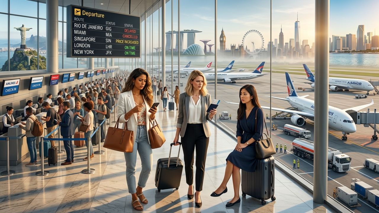 A highly congested departure terminal with grounded aircraft, illustrating the severe global travel chaos and flight cancellations threatened by the catastrophic airline financial crisis