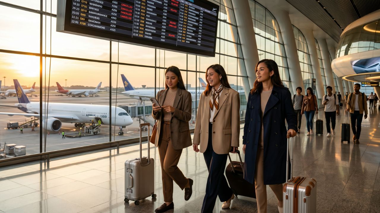 A congested international airport terminal overwhelmed by massive travel chaos and flight cancellations as global airlines ruthlessly slash unprofitable routes amid soaring fuel costs