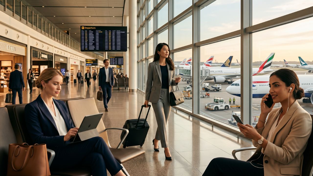 A highly intense, modern airport business lounge filled with corporate executives rushing to board premium cabin flights across global mega-hubs like London and Dubai