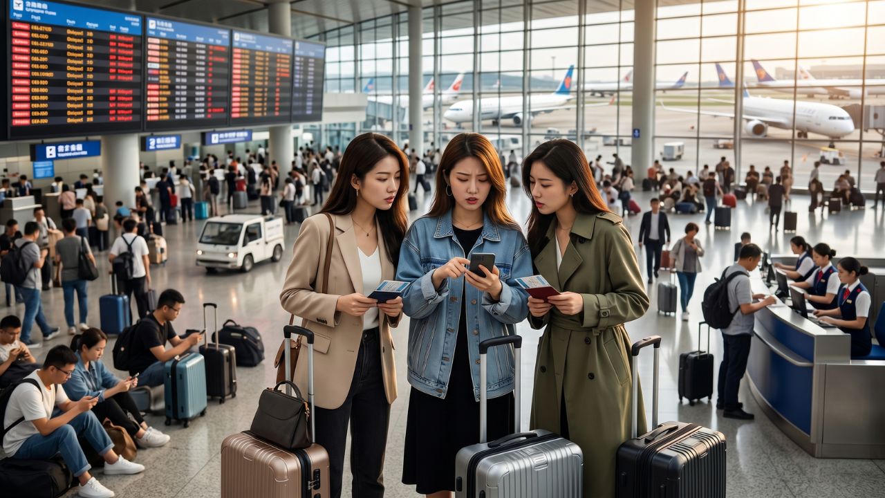 A highly congested departure terminal at Guangzhou Baiyun International Airport, filled with stranded passengers suffering through massive travel chaos and flight cancellations