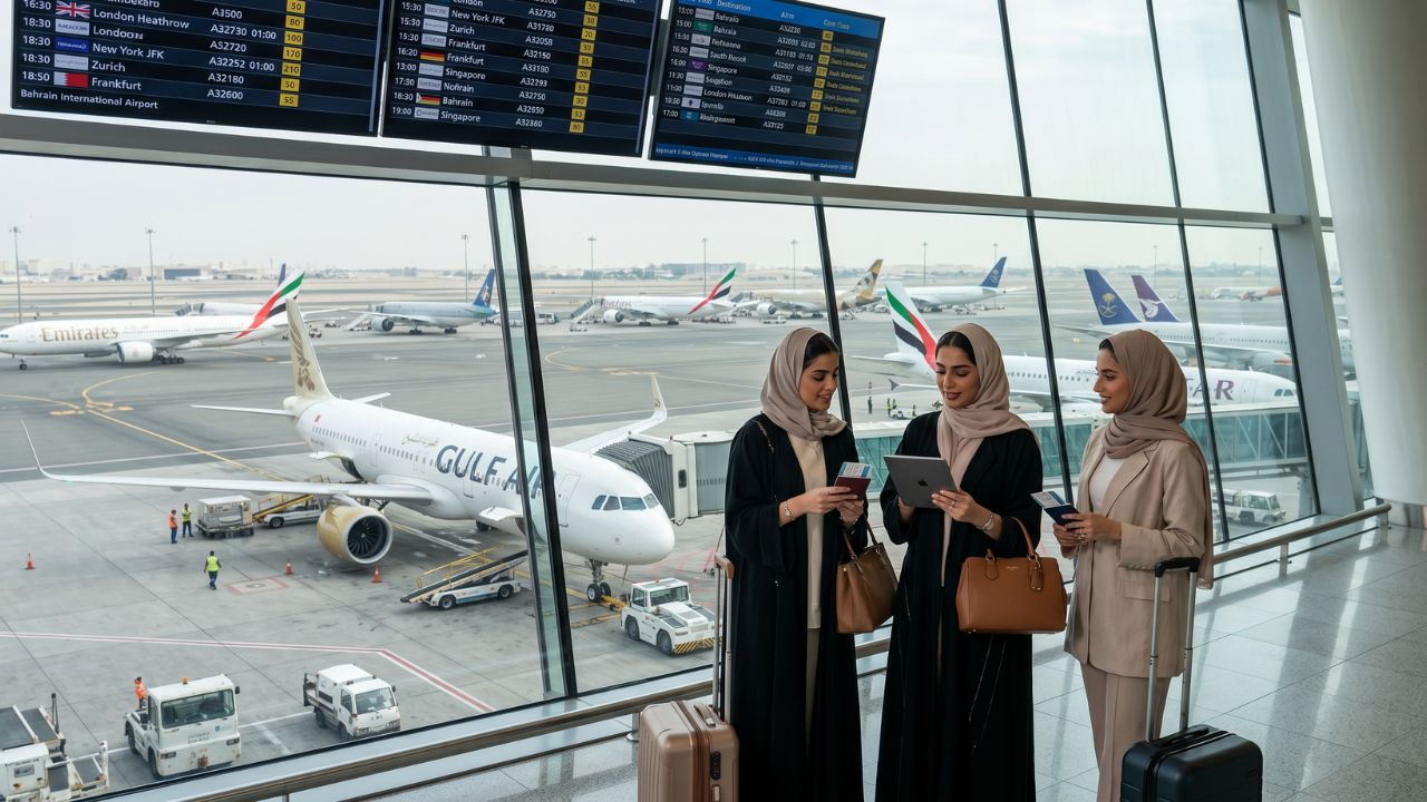 A Gulf Air Airbus A321LR soaring above the clouds, successfully bypassing the massive travel chaos, terminal gridlock, and flight cancellations currently infecting competitor Middle East mega-hubs