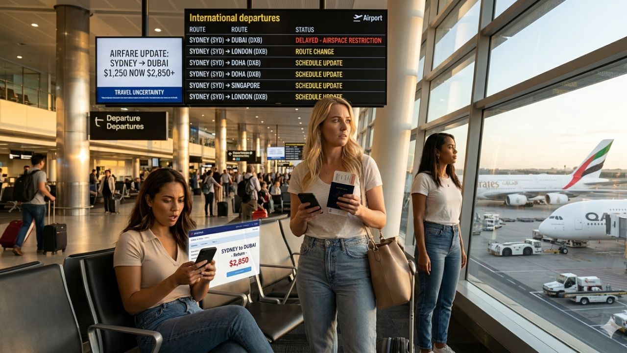 A highly dramatic scene capturing the terrifying collapse of Gulf transit hubs and massive travel chaos caused by severe airspace closures and global flight cancellations