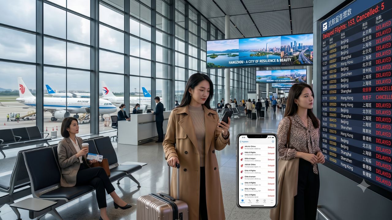 A highly dramatic scene capturing massive passenger congestion and severe travel chaos as a catastrophic 153-flight delay violently paralyzes Hangzhou Xiaoshan International Airport