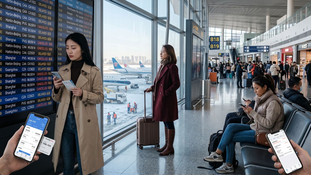 A highly congested departures terminal at Harbin Taiping International Airport, packed with stranded winter tourists staring at a massive flight board displaying widespread delays for Air China and China Eastern