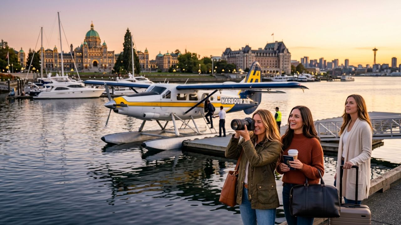A highly dramatic scene capturing massive passenger relief as Harbour Air aggressively launches its direct Victoria to Seattle seaplane route, violently shielding travelers from terrifying flight cancellations and regional airport disruptions
