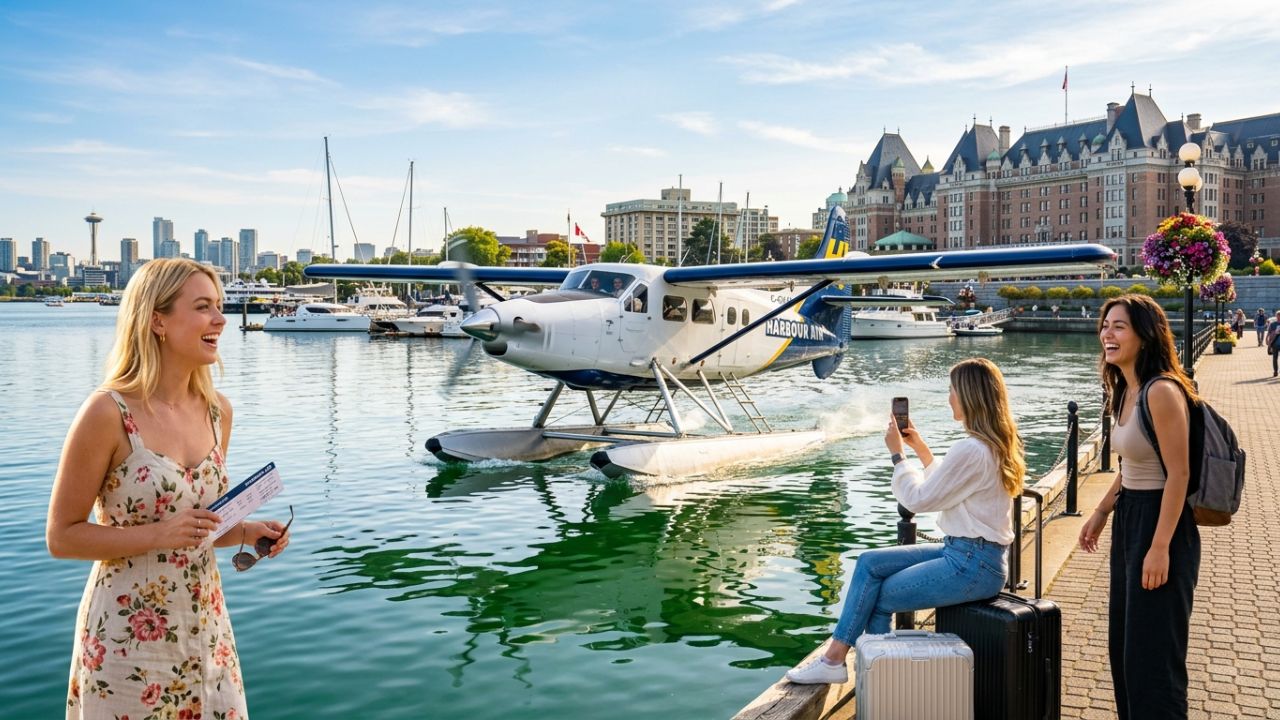 A highly dramatic scene capturing a Harbour Air seaplane taking off from downtown Victoria, offering a rapid escape route for passengers actively avoiding severe commercial airport disruptions and travel chaos
