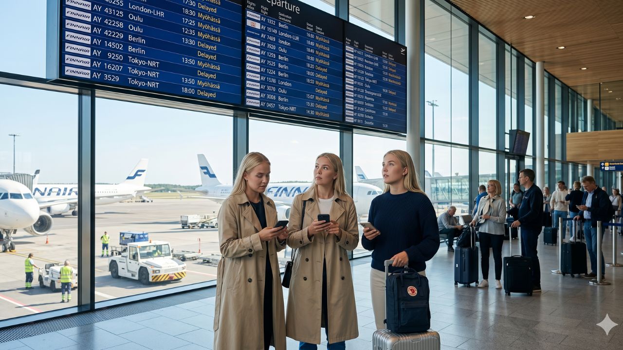 A highly dramatic scene capturing the massive Helsinki Airport flight disruptions, specifically focusing on the terrifying international travel chaos and severe terminal gridlock across Finland