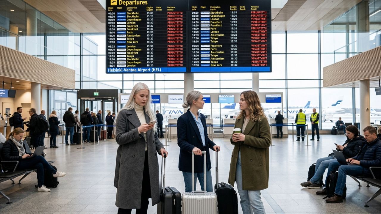 A highly congested departure terminal at Helsinki-Vantaa Airport displaying massive travel chaos and sudden Finnair flight cancellations disrupting the Nordic aviation grid