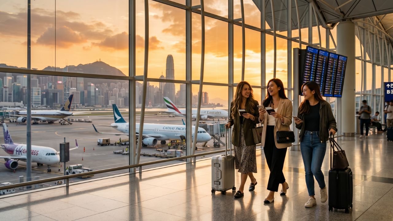 A Delta Air Lines jet arriving smoothly at Hong Kong International Airport, completely bypassing the massive travel chaos and flight cancellations plaguing competing Asian hubs