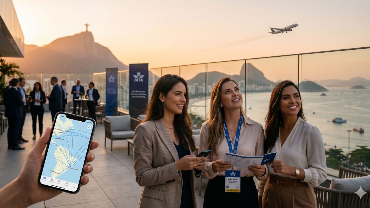 A highly dramatic scene capturing global aviation leaders aggressively forging new airline strategies at the IATA 82nd AGM in Rio de Janeiro to combat severe international travel chaos and flight cancellations