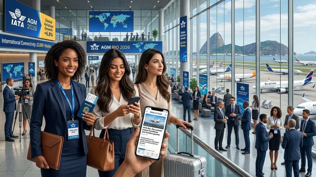 A highly dramatic scene capturing global aviation authorities aggressively battling severe international travel chaos and massive airline bankruptcies at the Rio de Janeiro IATA AGM triggered by an extreme geopolitical fuel conflict