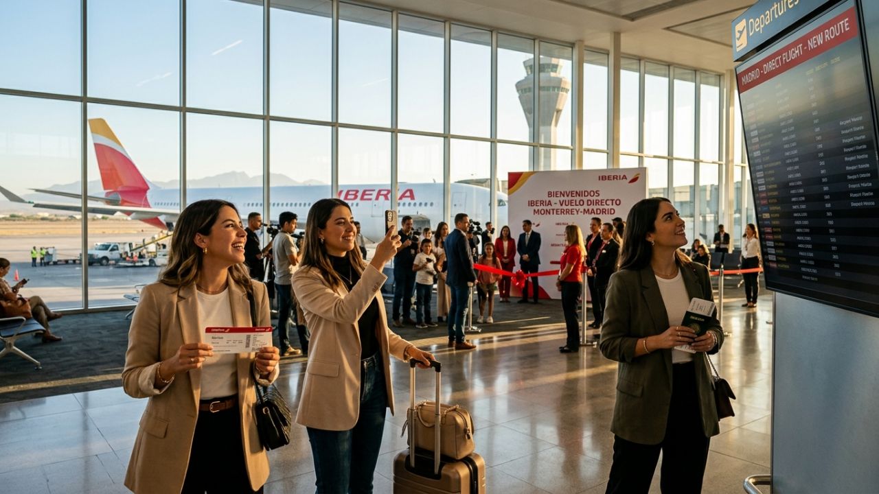 A highly dramatic scene capturing massive passenger relief as Iberia aggressively deploys Airbus A330-200s from Madrid to Monterrey, violently injecting capacity to completely bypass terrifying travel chaos and airport disruptions at legacy hubs