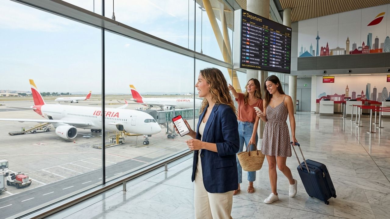 A highly dramatic scene capturing massive passenger relief as Iberia aggressively deploys Airbus A350s and A330s from Madrid to Tokyo and Panama, violently injecting capacity to completely bypass terrifying travel chaos and airport disruptions