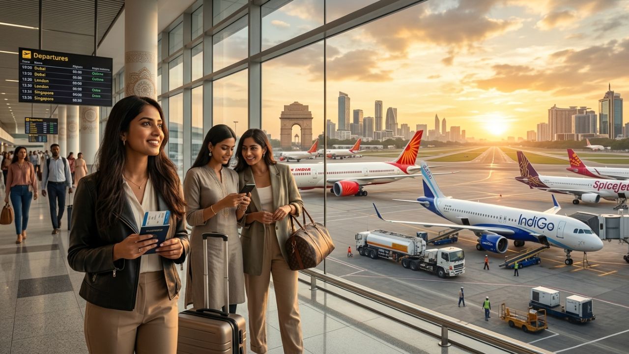 A highly dramatic scene capturing Indian aviation authorities aggressively executing a massive $1 billion financial defense fund to combat severe international travel chaos and extreme fuel price volatility
