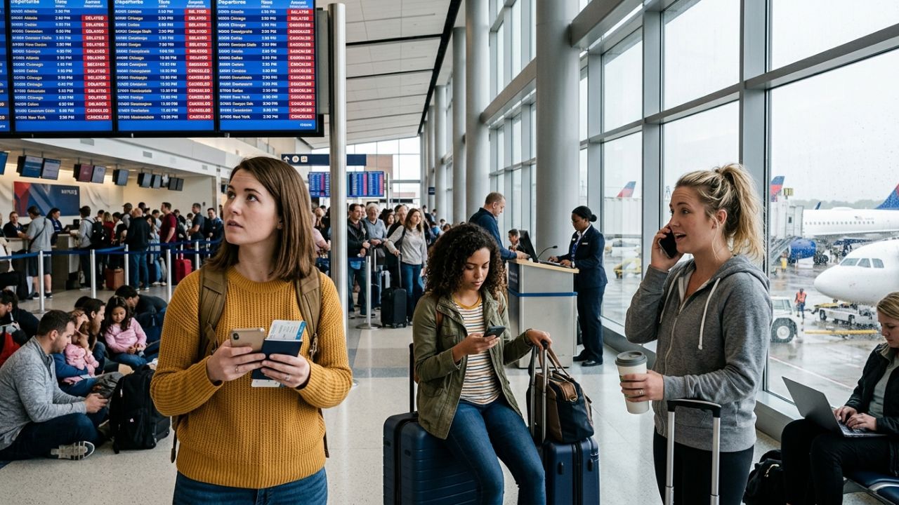 A highly congested departure terminal at Indianapolis International Airport, capturing the severe travel chaos as stranded passengers face massive flight cancellations and cascading delays.