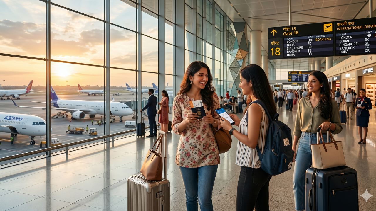 A highly dramatic scene capturing the massive IndiGo and Air India operational strategies, specifically designed to bypass terrifying international travel chaos and severe global airport disruptions