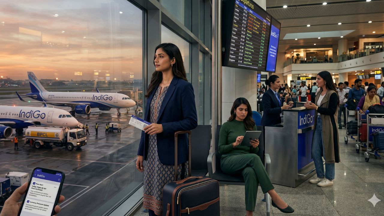 A highly chaotic scene at a massive Indian international airport showing desperate crowds of passengers stranded by severe capacity cuts and massive fare hikes triggered by the IndiGo fuel crisis