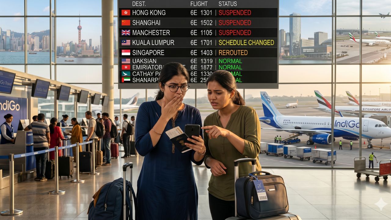 A highly dramatic scene capturing the massive IndiGo international route suspension, specifically designed to bypass terrifying international travel chaos and severe global airport disruptions
