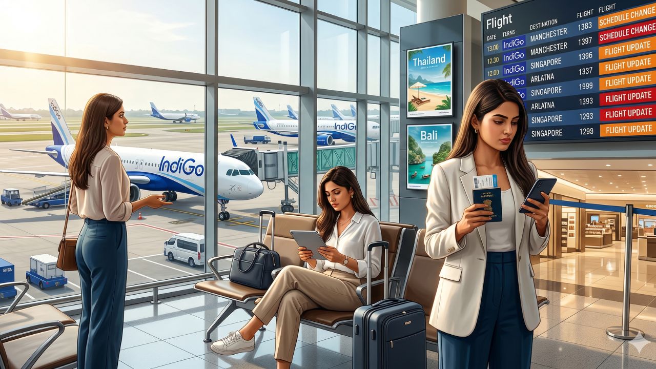 A highly dramatic scene capturing massive passenger congestion and severe travel chaos as IndiGo abruptly slashes 18 international routes across Asia and Europe