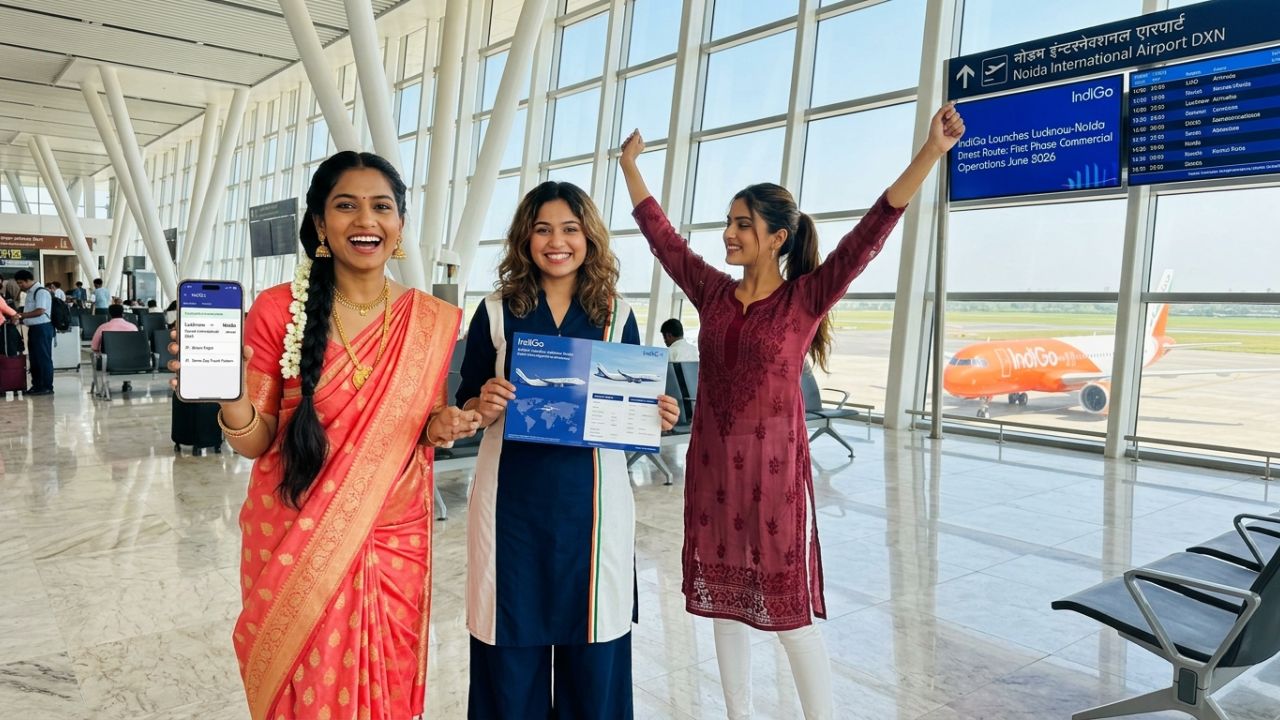 An IndiGo aircraft landing at the newly constructed Noida International Airport at Jewar, providing a highly reliable evasion route against regional aviation congestion.