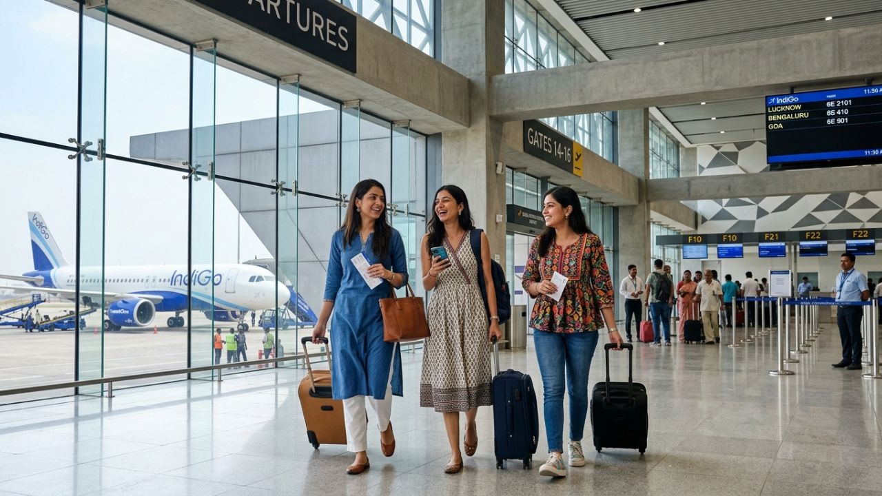 An IndiGo aircraft parked at the newly inaugurated Noida International Airport in Jewar, providing passengers an alternative to the severe travel chaos plaguing Delhi