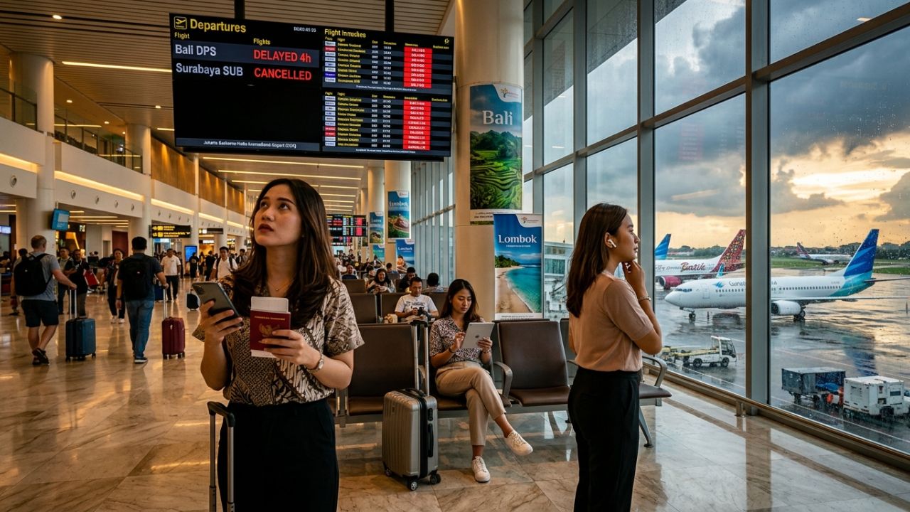 A highly dramatic scene capturing massive passenger frustration as sudden flight delays violently paralyze major Indonesian airports, causing extreme travel chaos for Garuda Indonesia and Batik Air travelers