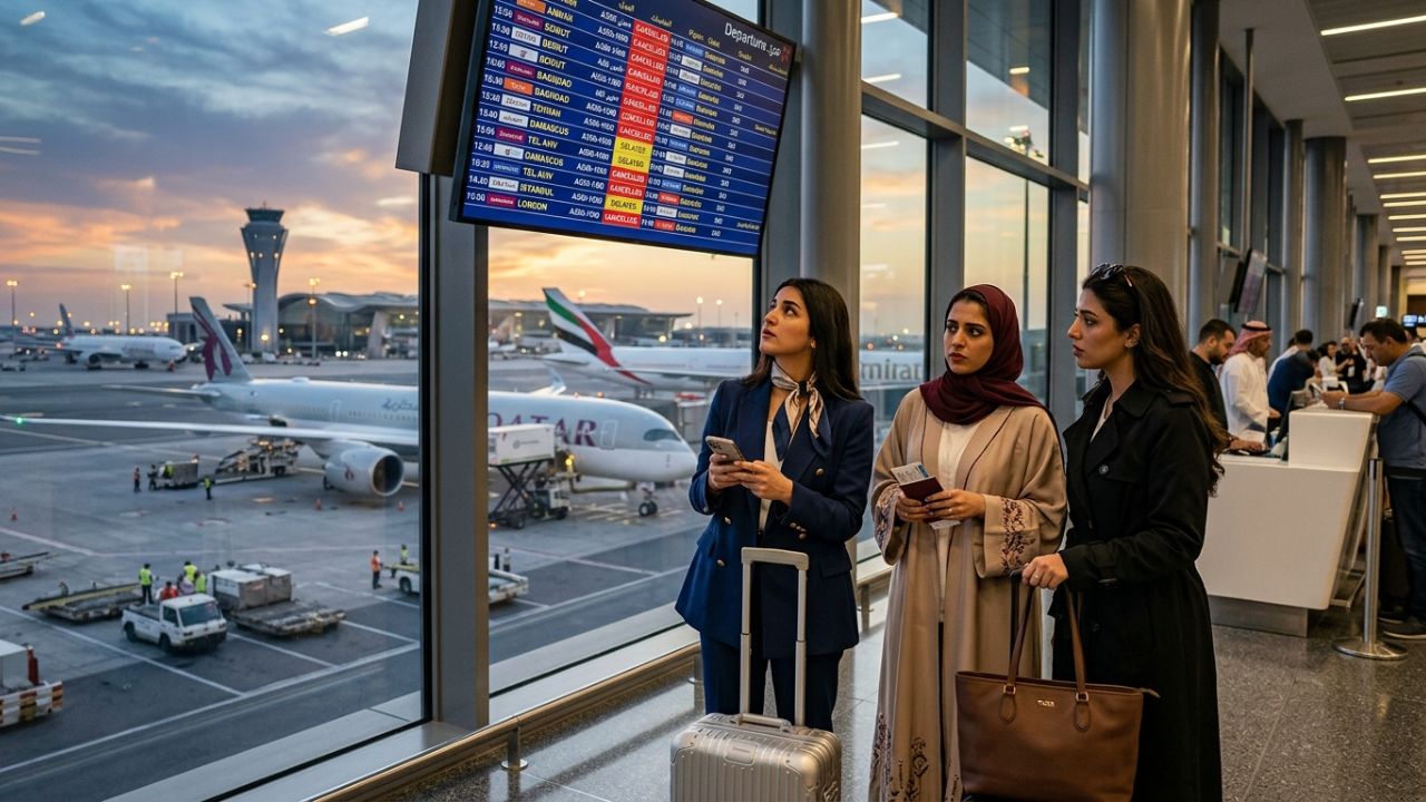 A grounded commercial aircraft sitting idle at a Middle Eastern transit hub, symbolizing the massive travel chaos and skyrocketing insurance premiums paralyzing regional aviation