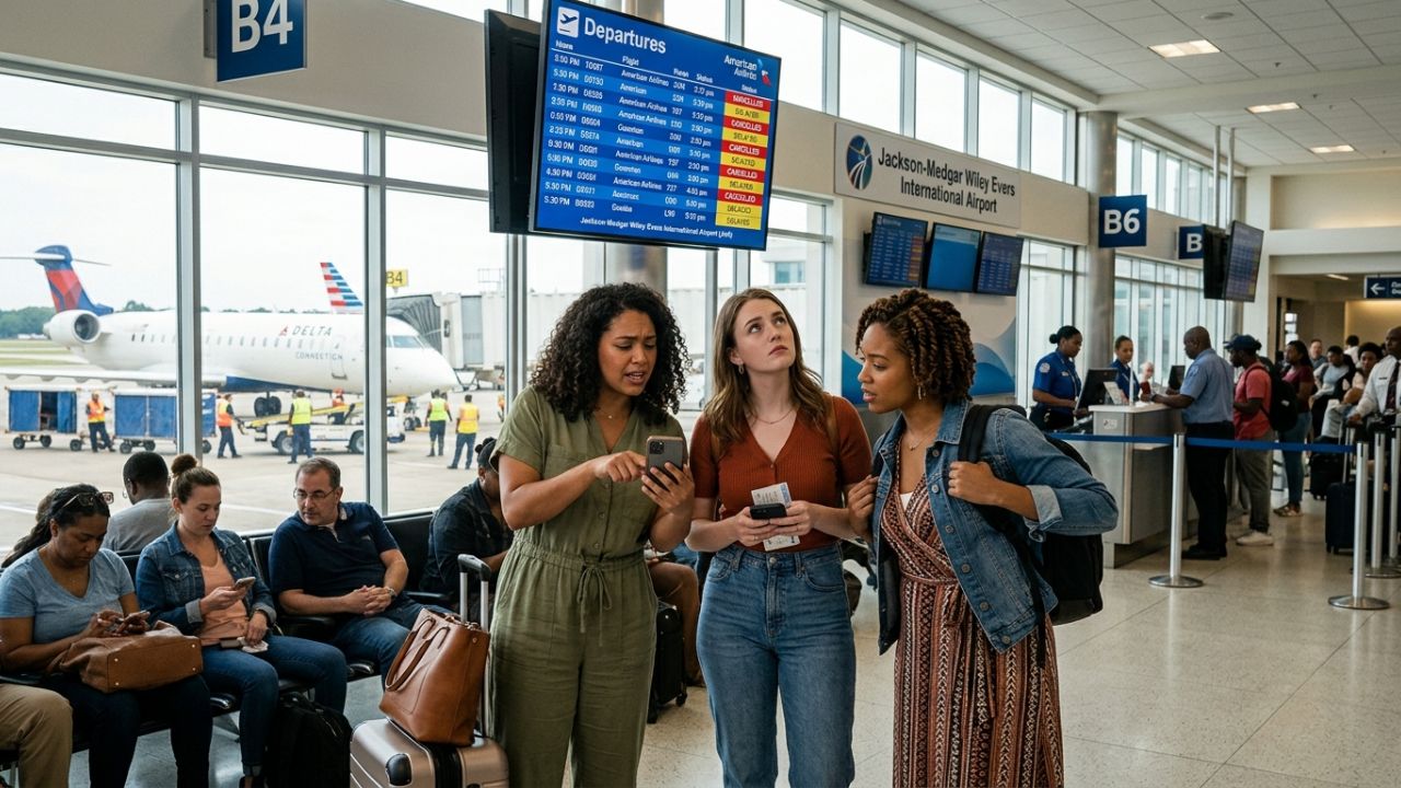 A highly congested terminal at Jackson-Medgar Wiley Evers International Airport as passengers face severe travel chaos and localized flight cancellations