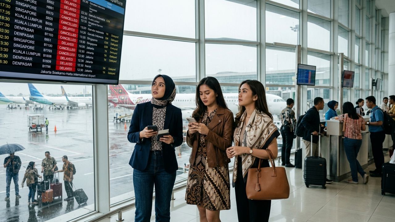 A highly dramatic scene capturing thousands of stranded passengers staring at a massive red departure board displaying widespread flight cancellations at Jakarta airport, representing extreme regional airport disruptions and travel chaos