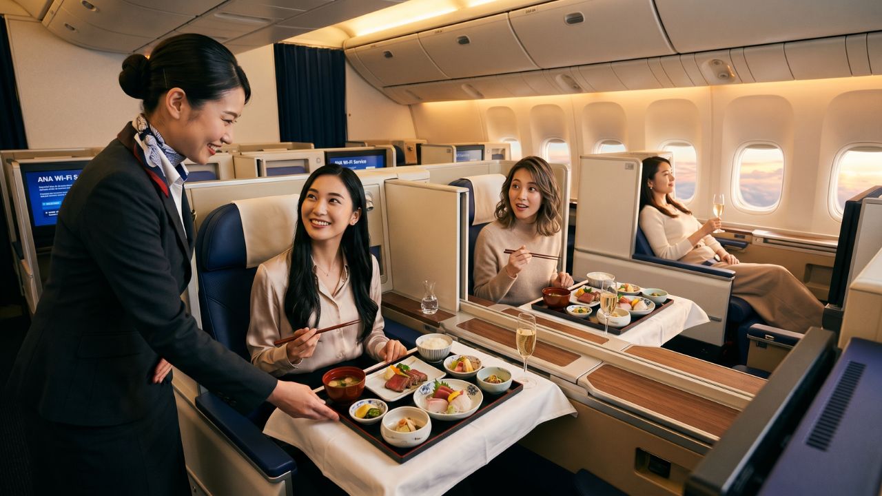 A luxurious multi-course business class meal onboard Japan Airlines, serving as an elite sanctuary for passengers escaping the massive travel chaos and flight cancellations plaguing international hubs