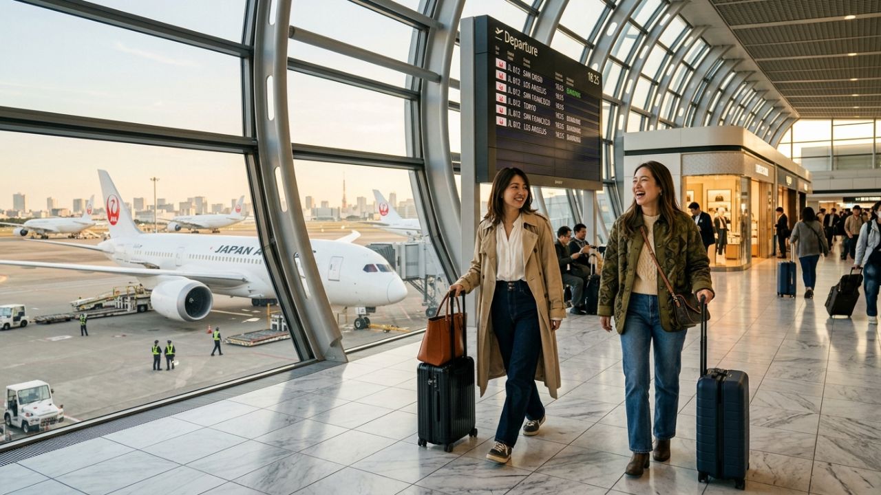 A Japan Airlines widebody jet arriving at San Diego International Airport, providing a vital direct route to help passengers bypass transpacific travel chaos