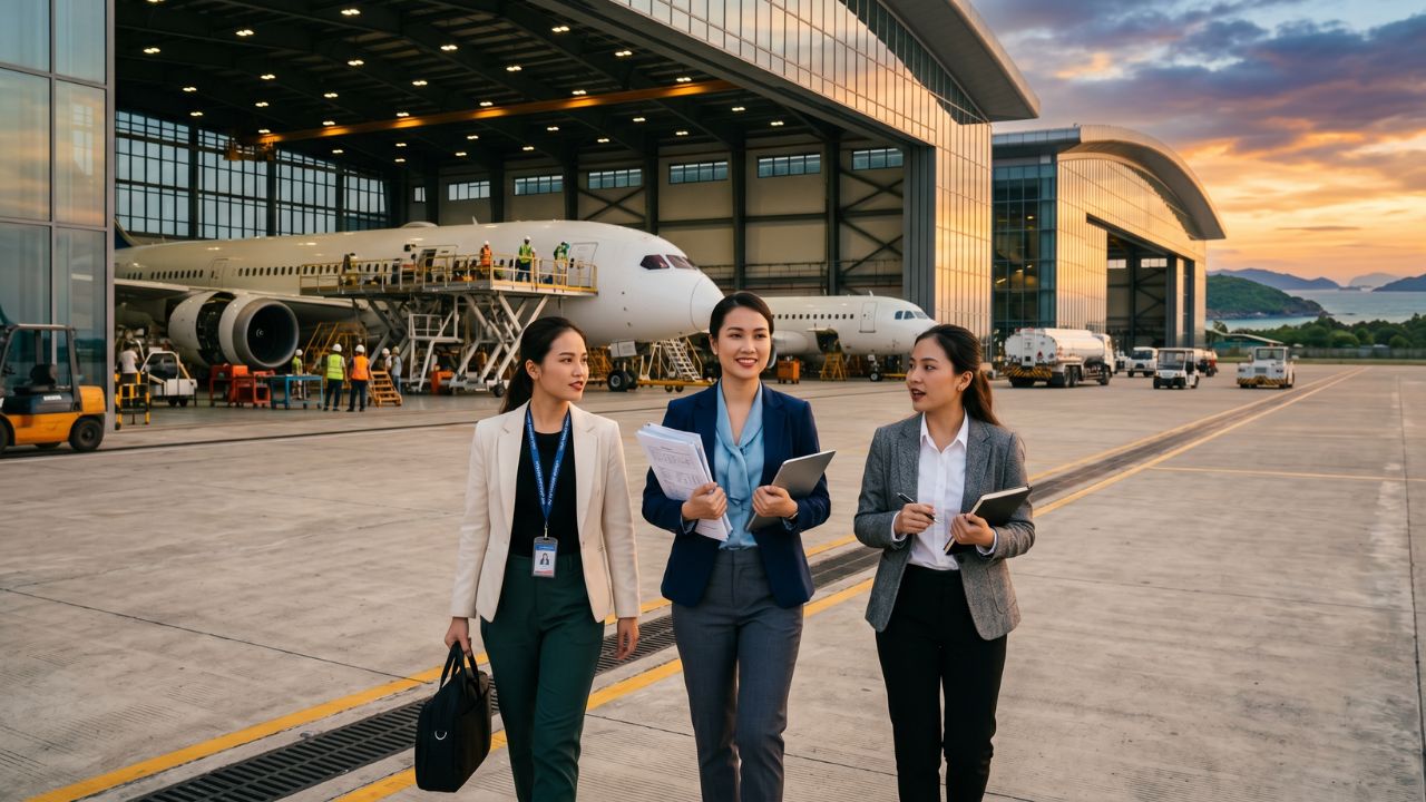 Engineers working inside a massive four-bay aircraft hangar in Vietnam, rapidly servicing jets to prevent mechanical travel chaos and massive airport disruptions