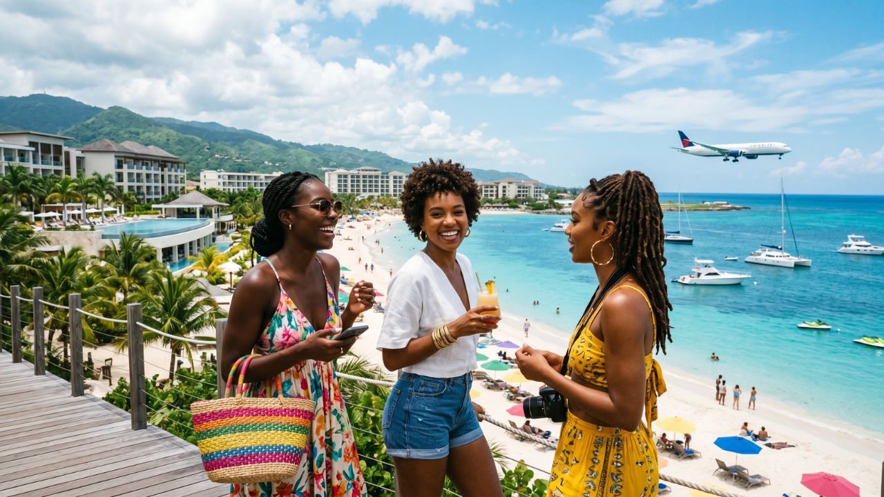 A highly efficient Jamaican airport terminal successfully processing international arrivals, allowing tourists to completely bypass the massive travel chaos and flight cancellations affecting other Caribbean hubs