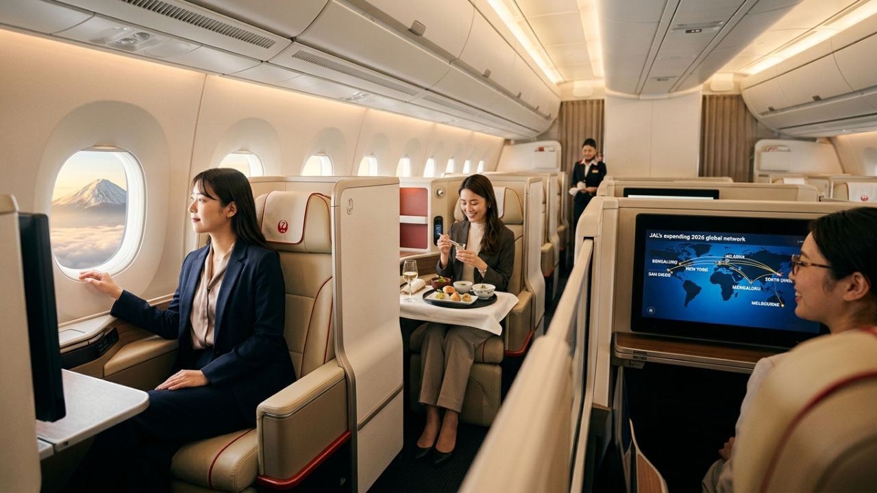 A highly dramatic scene capturing a Japan Airlines Airbus A350-1000 taking off, representing a massive premium widebody defense mechanism actively deployed to rescue international passengers from severe airport disruptions and travel chaos
