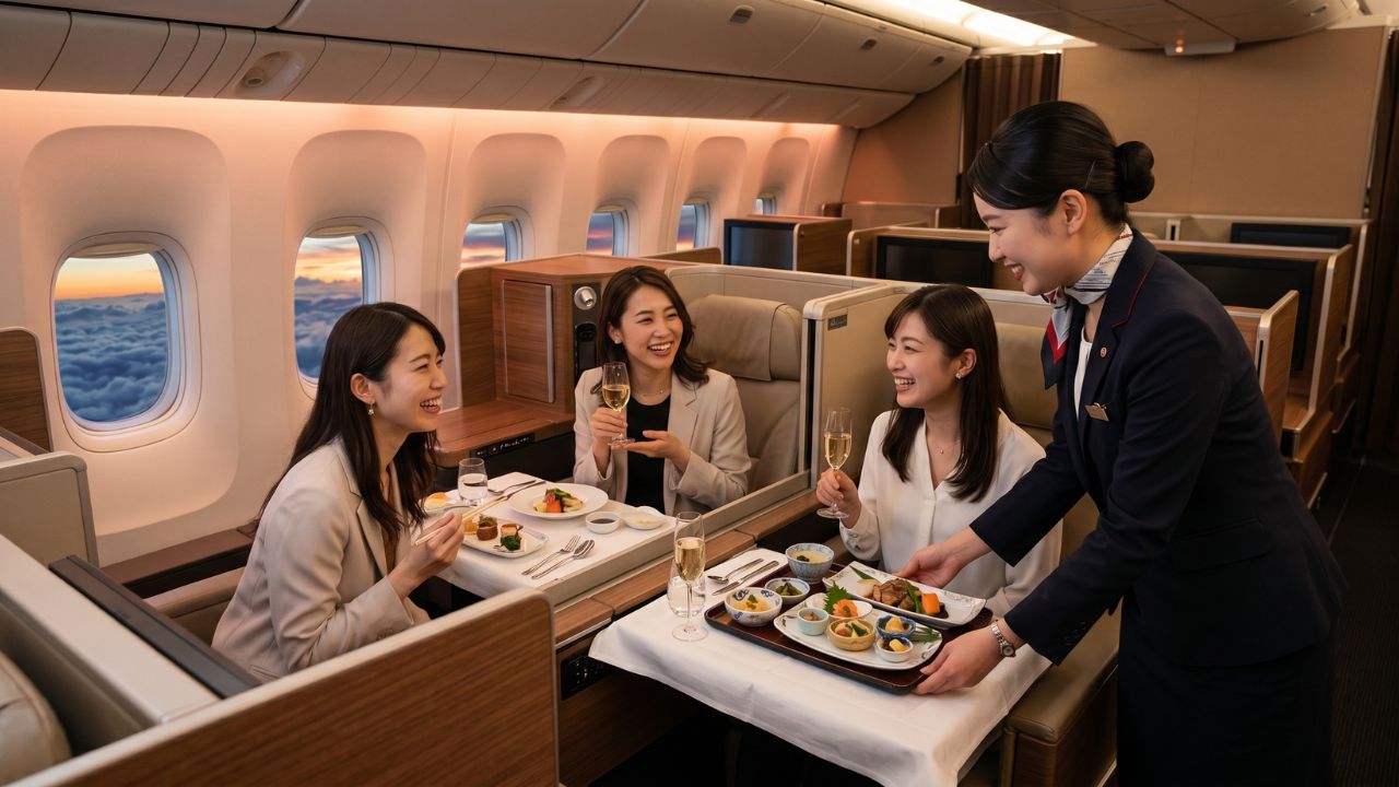 A highly refined Business Class meal served aboard a Japan Airlines flight, offering passengers a premium sanctuary away from the severe travel chaos and airport disruptions occurring on the ground