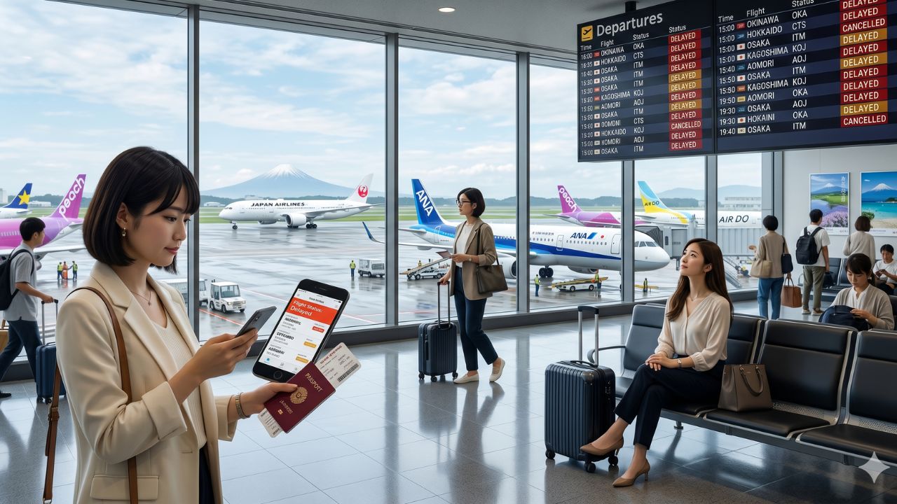 A highly dramatic scene capturing massive passenger congestion and severe travel chaos as desperate passengers face 247 flight delays and massive cancellations across major Japanese airports