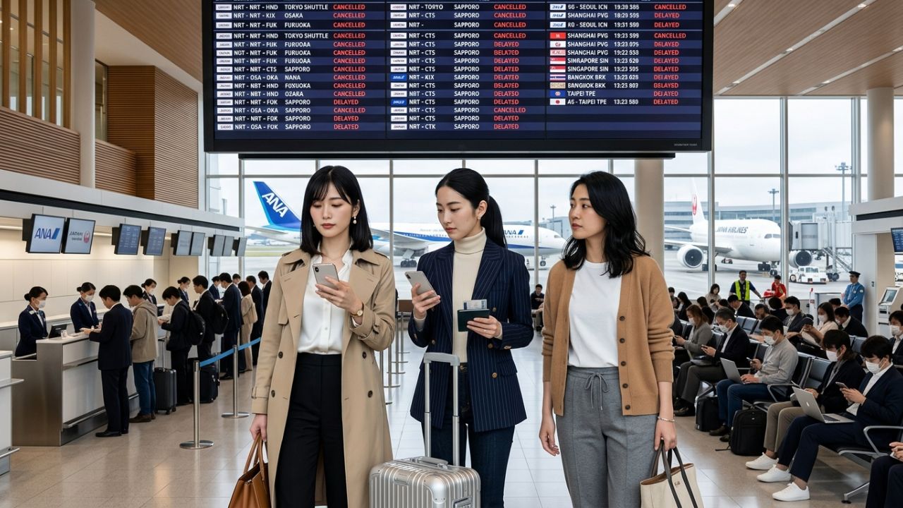 A highly congested departure board at Tokyo Narita International Airport displaying severe travel chaos and massive flight cancellations paralyzing the Japanese aviation network