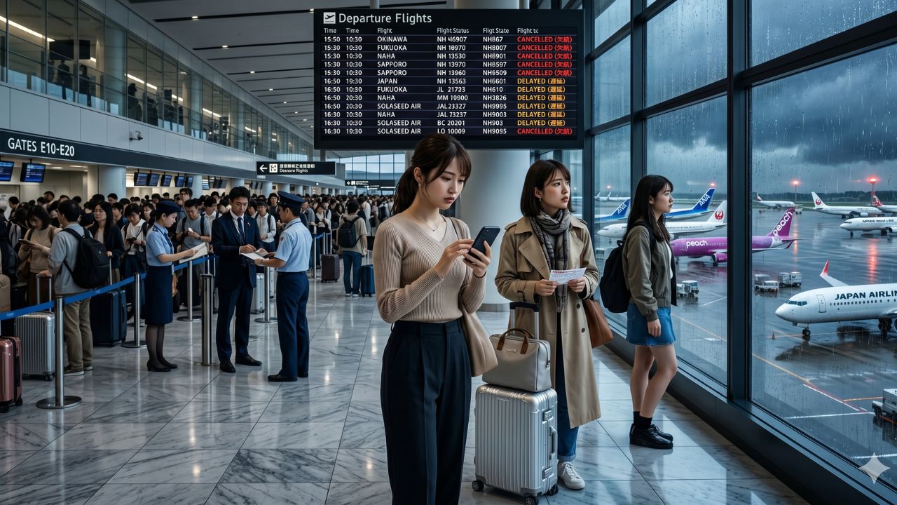 A highly chaotic scene at a massive Japanese international airport showing desperate crowds of passengers stranded by severe flight cancellations and cascading delays across the nation