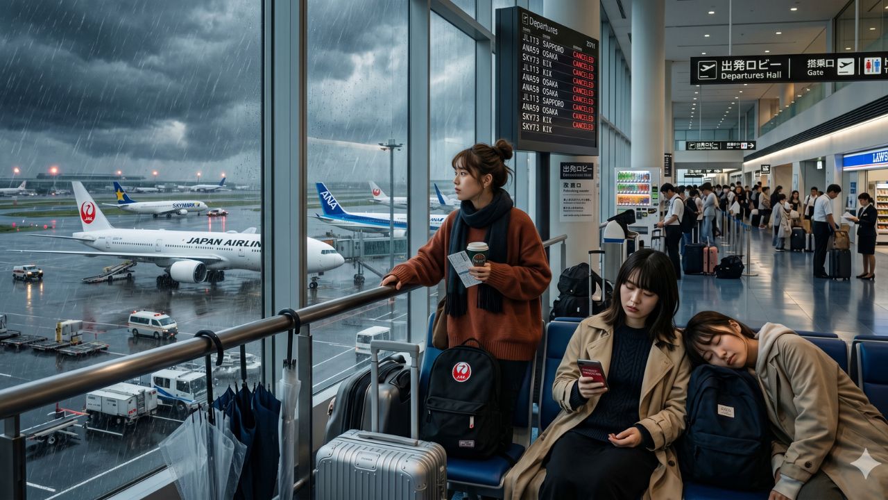 A highly chaotic scene at Tokyo Haneda Airport showing thousands of stranded travelers staring at red departure monitors filled with severe flight cancellations caused by Storm Jangmi