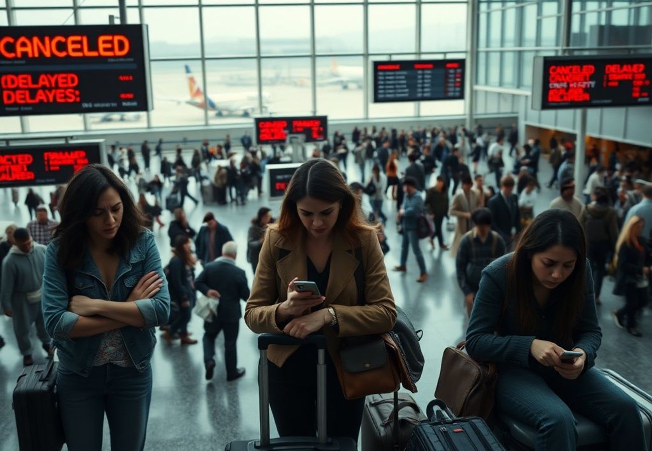 Crowded airport terminal showing delayed flight information boards at John F. Kennedy International Airport